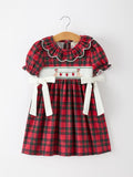 Christmas Girls Plaid Puppy Smocked Ruffle Collar Dress - 1