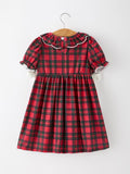 Christmas Girls Plaid Puppy Smocked Ruffle Collar Dress - 2