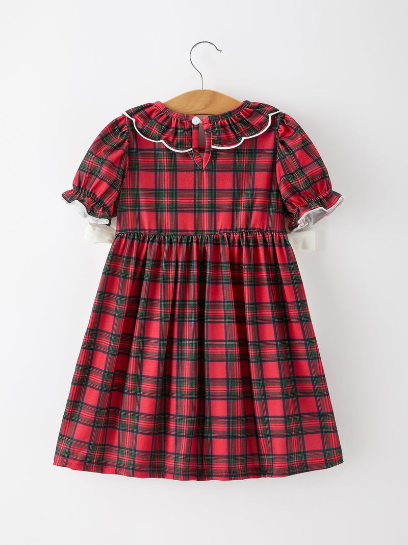 Christmas Girls Plaid Puppy Smocked Ruffle Collar Dress - 2