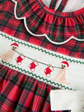 Christmas Girls Plaid Puppy Smocked Ruffle Collar Dress - 3