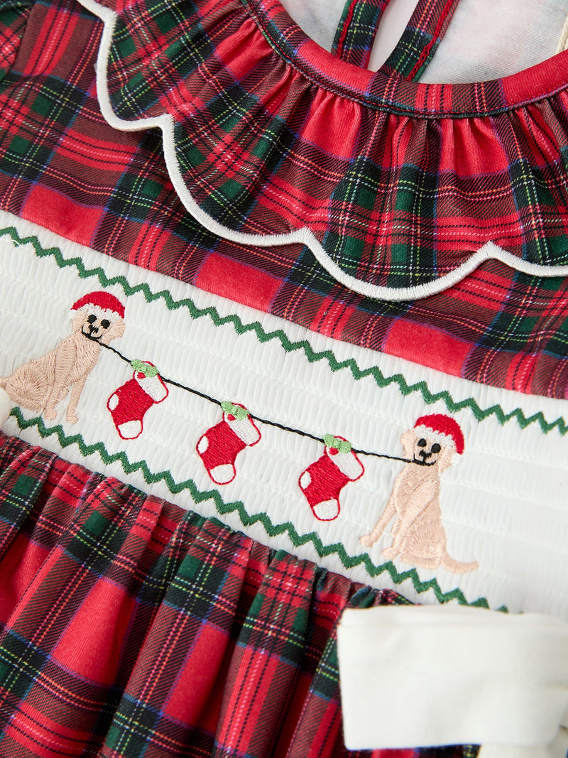 Christmas Girls Plaid Puppy Smocked Ruffle Collar Dress - 3