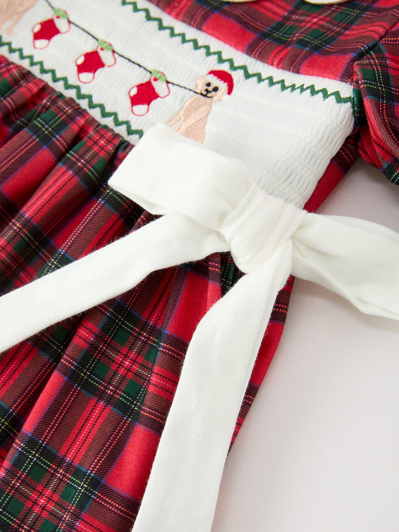 Christmas Girls Plaid Puppy Smocked Ruffle Collar Dress - 4