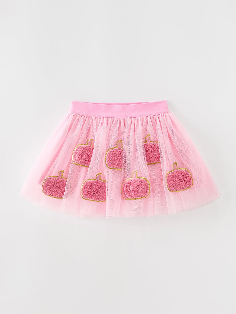 Fall Girls Pink Pumpkin Appliqué Tulle Skirt - 3