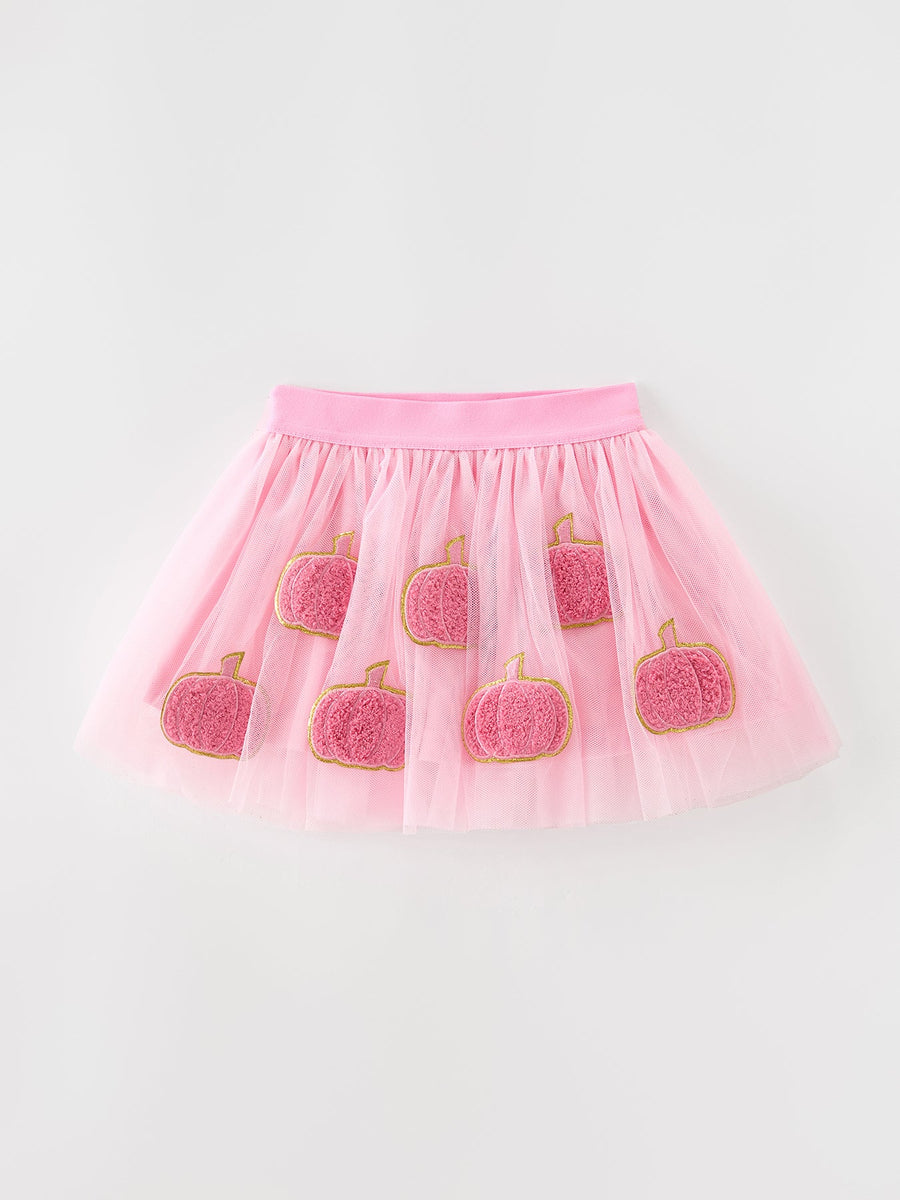 Fall Girls Pink Pumpkin Appliqué Tulle Skirt
