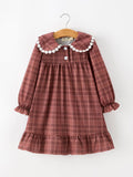 Girls Brown Plaid Lace-Trim Peter Pan Collar Dress - 1