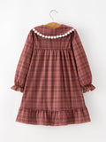 Girls Brown Plaid Lace-Trim Peter Pan Collar Dress - 2