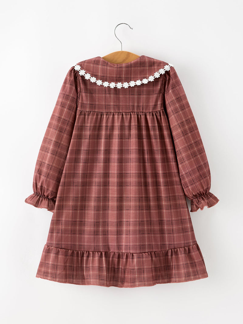 Girls Brown Plaid Lace-Trim Peter Pan Collar Dress - 2