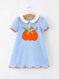 Fall Girls Plaid Pumpkin Appliqué Peter Pan Collar Dress - 1