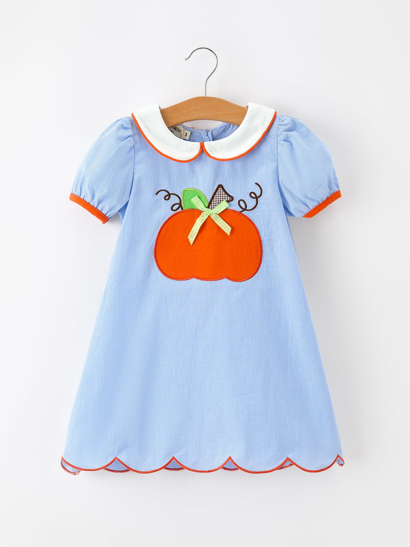 Fall Girls Plaid Pumpkin Appliqué Peter Pan Collar Dress - 1