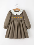 Fall Girls Pumpkin Smocked Eyelet Collar Corduroy Dress - 1