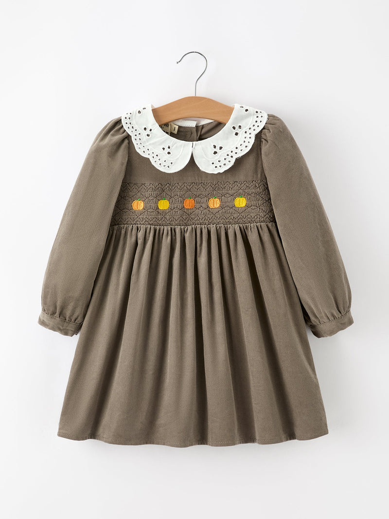 Fall Girls Pumpkin Smocked Eyelet Collar Corduroy Dress - 1
