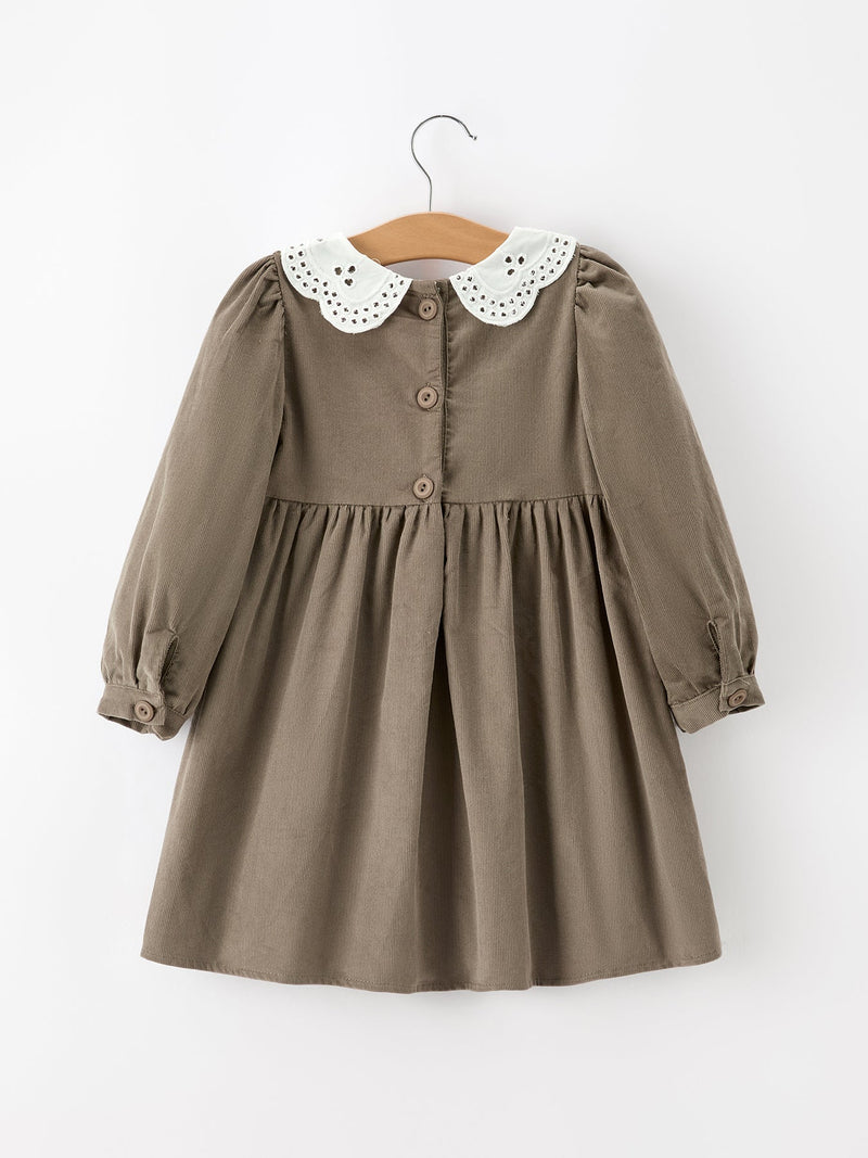 Fall Girls Pumpkin Smocked Eyelet Collar Corduroy Dress - 2