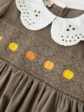 Fall Girls Pumpkin Smocked Eyelet Collar Corduroy Dress - 3