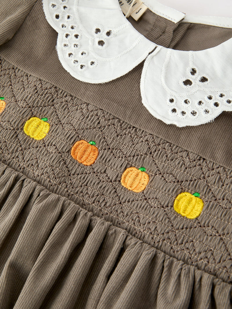 Fall Girls Pumpkin Smocked Eyelet Collar Corduroy Dress - 3