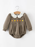 Fall Baby Girls Pumpkin Smocked Eyelet Collar Romper - 1
