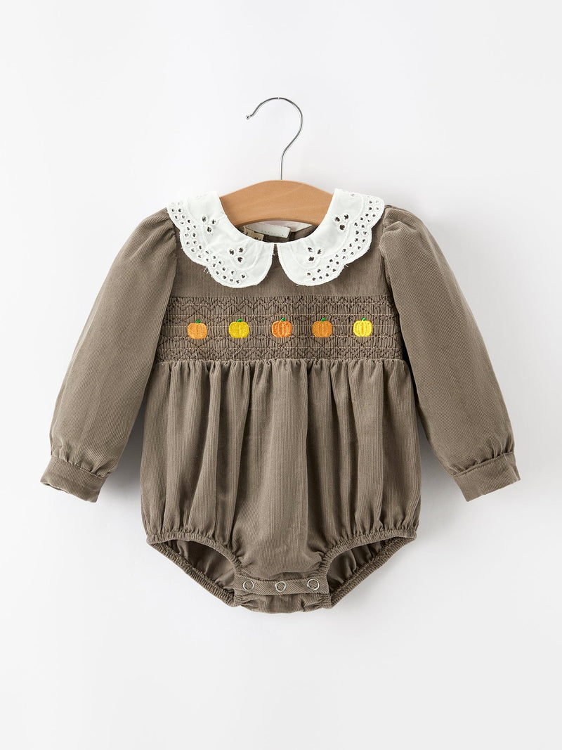 Fall Baby Girls Pumpkin Smocked Eyelet Collar Romper - 1
