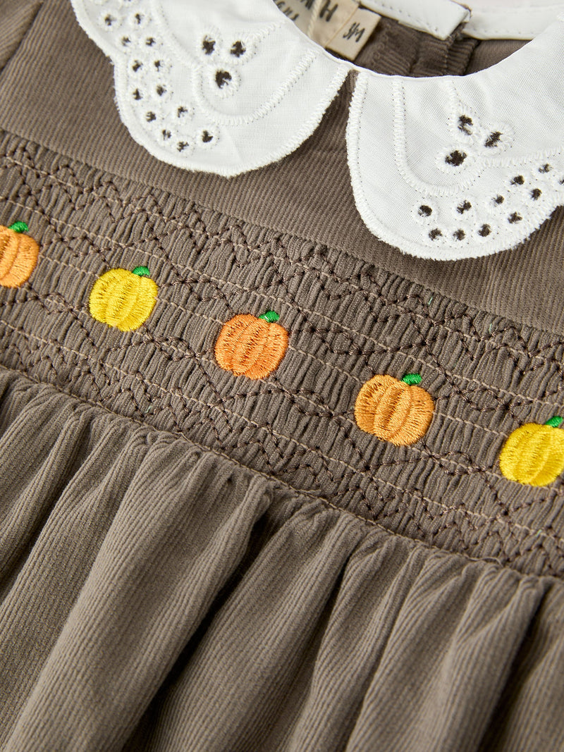 Fall Baby Girls Pumpkin Smocked Eyelet Collar Romper - 3
