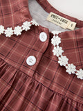 Girls Brown Plaid Lace-Trim Peter Pan Collar Dress - 3