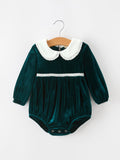 Baby Girls Emerald Green Velvet Peter Pan Collar Christmas Romper - 1