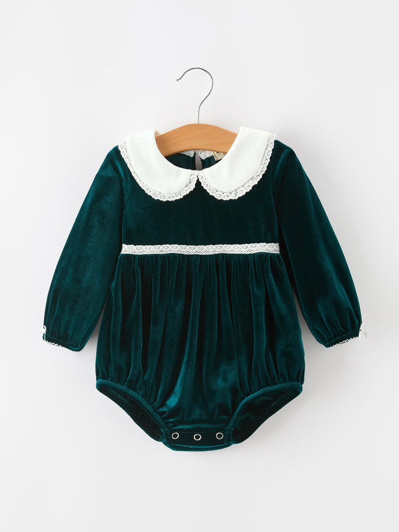 Baby Girls Emerald Green Velvet Peter Pan Collar Christmas Romper - 1