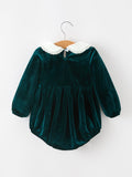 Baby Girls Emerald Green Velvet Peter Pan Collar Christmas Romper - 2