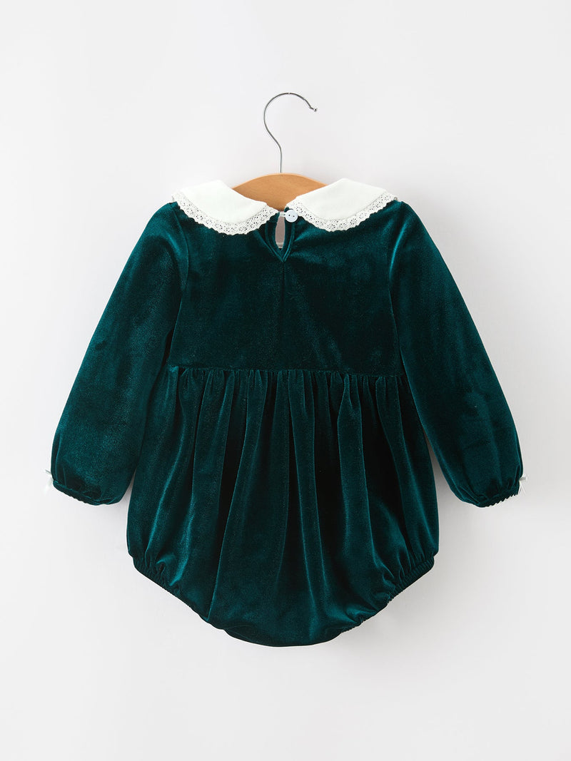 Baby Girls Emerald Green Velvet Peter Pan Collar Christmas Romper - 2