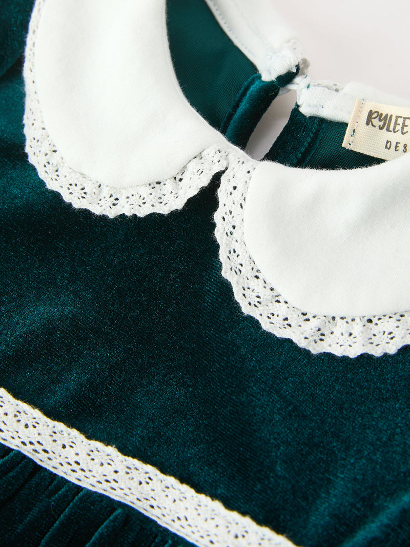Baby Girls Emerald Green Velvet Peter Pan Collar Christmas Romper - 4