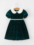 Girls Emerald Green Velvet Lace Collar Christmas Dress - 1