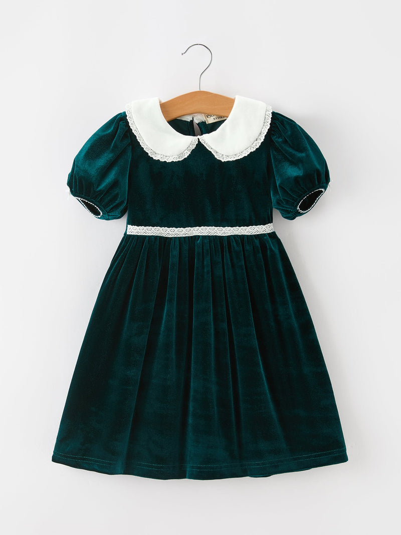 Girls Emerald Green Velvet Lace Collar Christmas Dress - 1