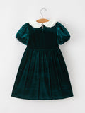 Girls Emerald Green Velvet Lace Collar Christmas Dress - 2