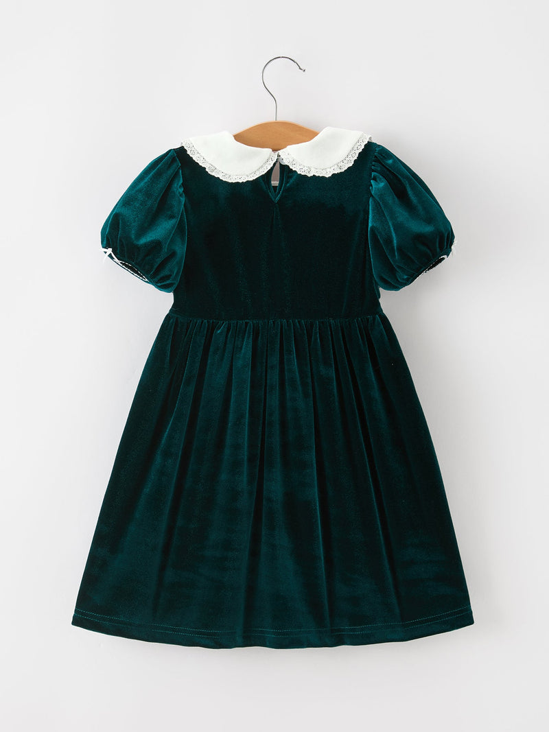 Girls Emerald Green Velvet Lace Collar Christmas Dress - 2