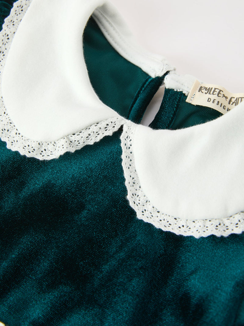 Girls Emerald Green Velvet Lace Collar Christmas Dress - 3