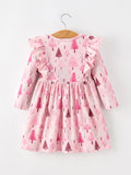 Christmas Tree Print Girls Pink Ruffle Long Sleeve Dress - 2