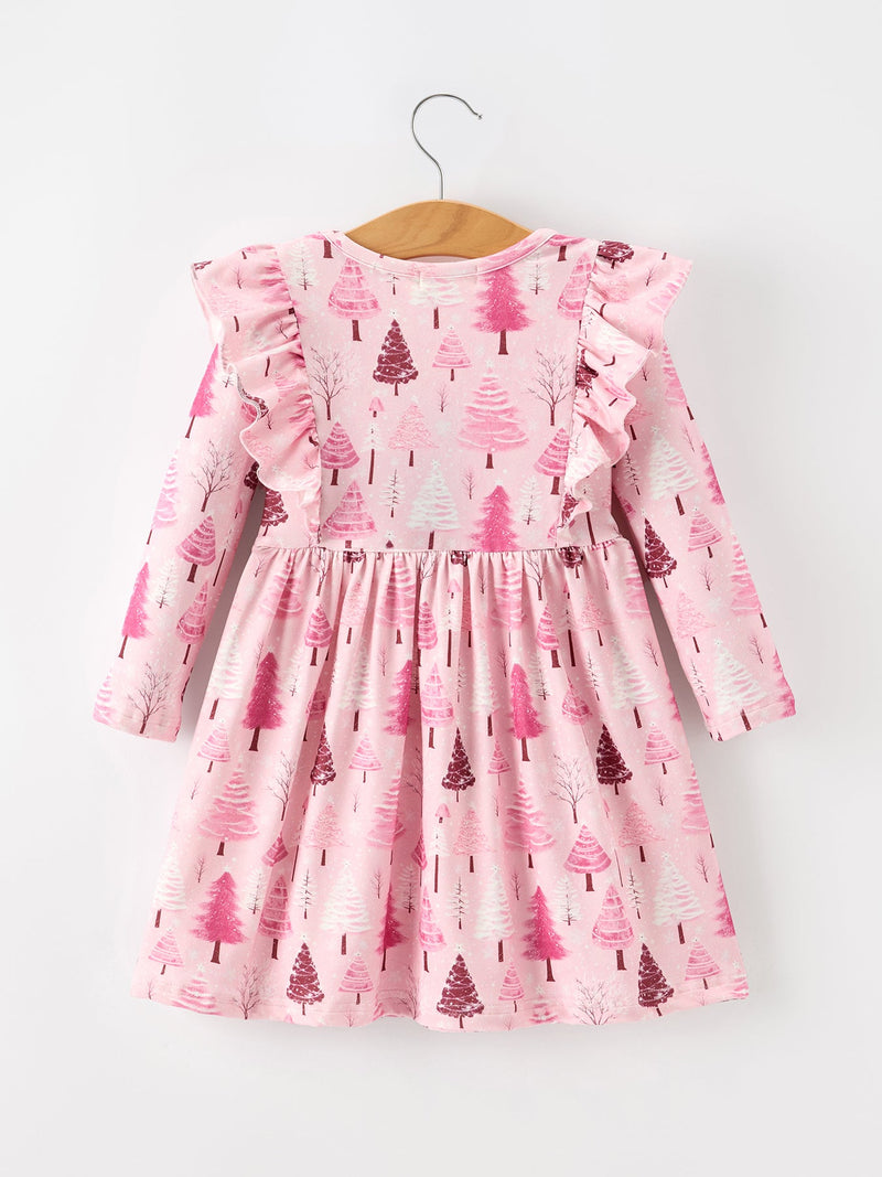 Christmas Tree Print Girls Pink Ruffle Long Sleeve Dress - 2