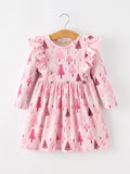 Christmas Tree Print Girls Pink Ruffle Long Sleeve Dress - 1
