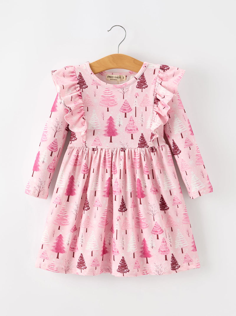 Christmas Tree Print Girls Pink Ruffle Long Sleeve Dress - 1