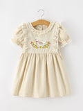 Girls Goose Embroidered Beige Plaid Ruffle Dress - 1