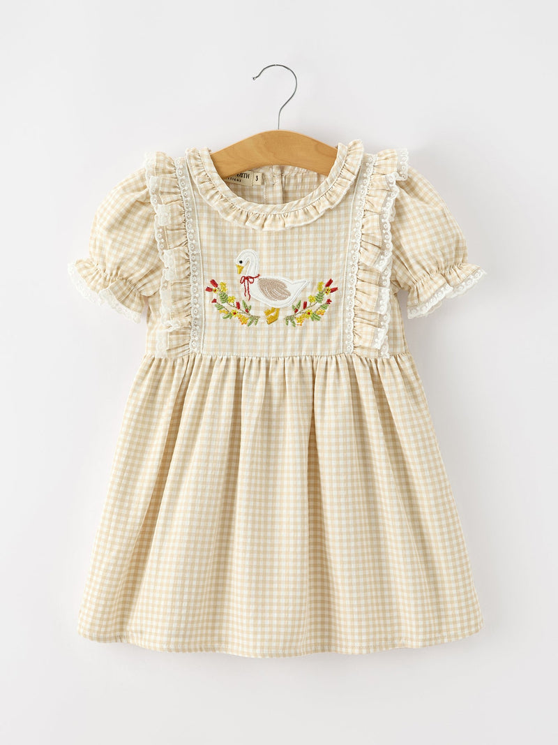 Girls Goose Embroidered Beige Plaid Ruffle Dress - 1
