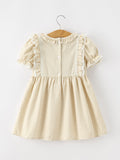 Girls Goose Embroidered Beige Plaid Ruffle Dress - 2