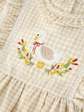 Girls Goose Embroidered Beige Plaid Ruffle Dress - 3