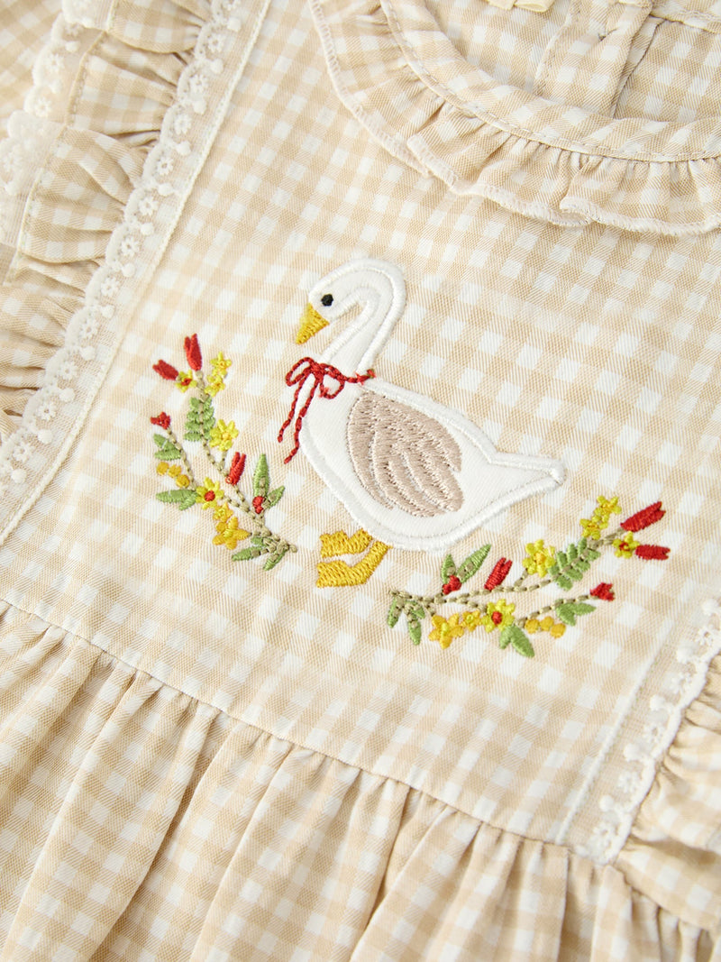 Girls Goose Embroidered Beige Plaid Ruffle Dress - 3