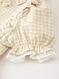 Girls Goose Embroidered Beige Plaid Ruffle Dress - 4