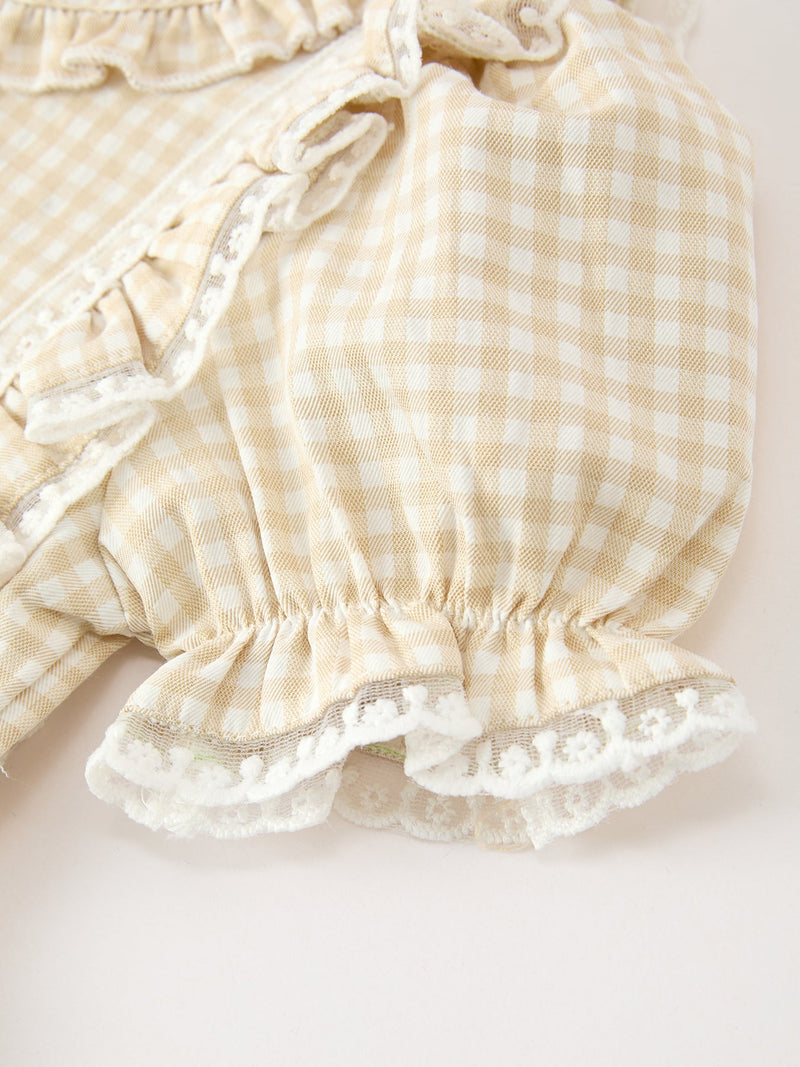 Girls Goose Embroidered Beige Plaid Ruffle Dress - 4