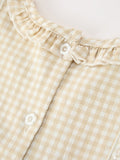 Girls Goose Embroidered Beige Plaid Ruffle Dress - 5