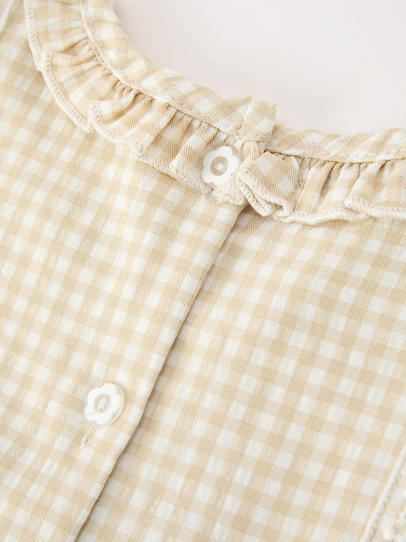 Girls Goose Embroidered Beige Plaid Ruffle Dress - 5
