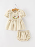 Baby Girls Goose Embroidered Beige Plaid Ruffle Bloomer Set - 1