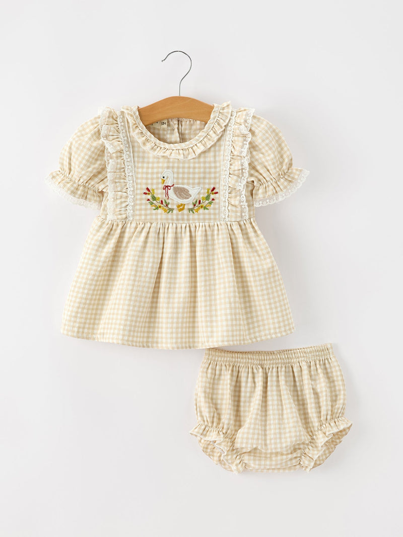 Baby Girls Goose Embroidered Beige Plaid Ruffle Bloomer Set - 1