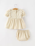 Baby Girls Goose Embroidered Beige Plaid Ruffle Bloomer Set - 2