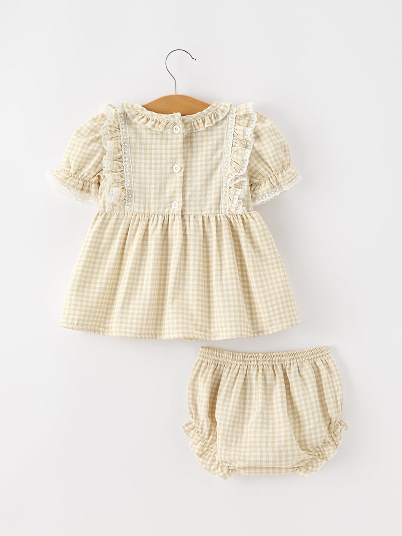 Baby Girls Goose Embroidered Beige Plaid Ruffle Bloomer Set - 2