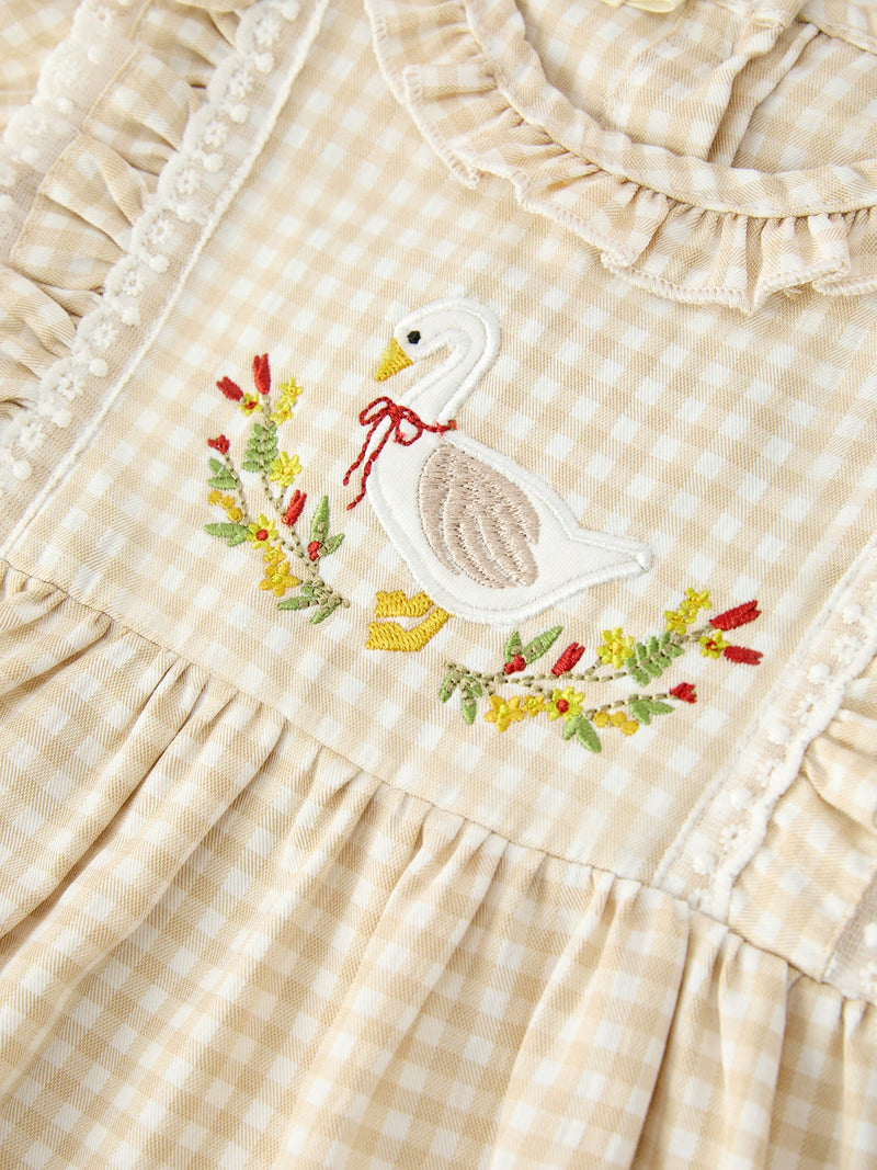 Baby Girls Goose Embroidered Beige Plaid Ruffle Bloomer Set - 3